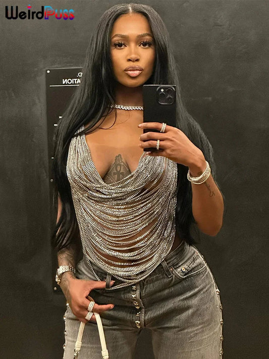 Weird Puss Multilayer Chain Women Crop Tops Halter Backless Low Chest Sexy Fashion Hot Girls Rave Party Nightclub Coquette Vest