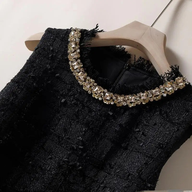 Elegant Tweed Beaded Pocket A-Line Dress for Women