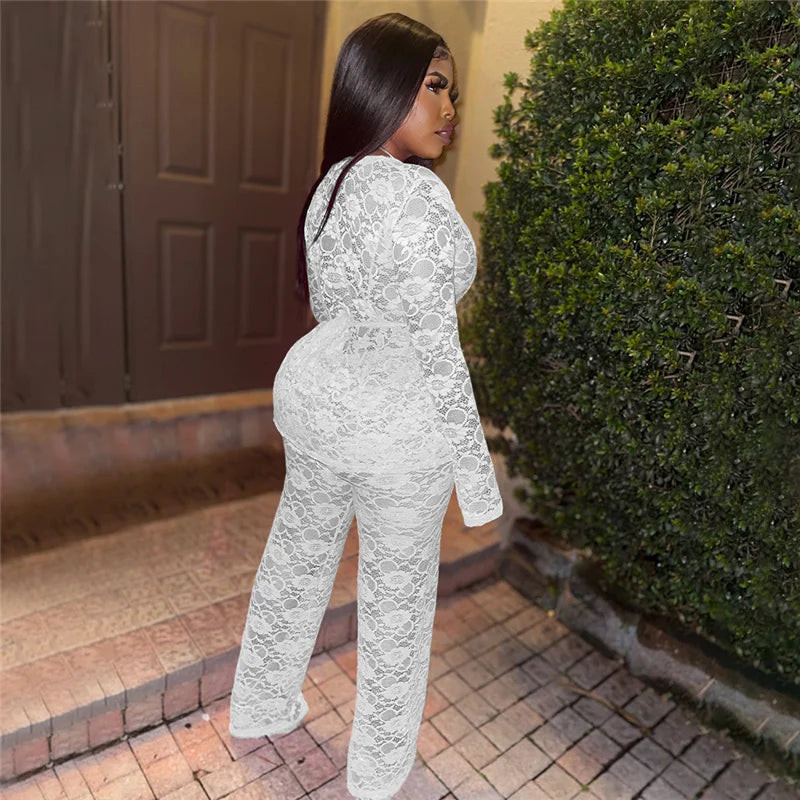 Sexy Lace Sheer Open Stitch Two Piece Set for Women