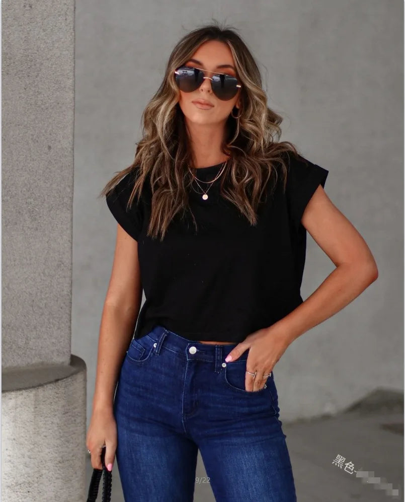 Women's Clothing New Fashion Casual Solid Color Pullover Round Neck Navel Short T-shirt Sexy Tee Top