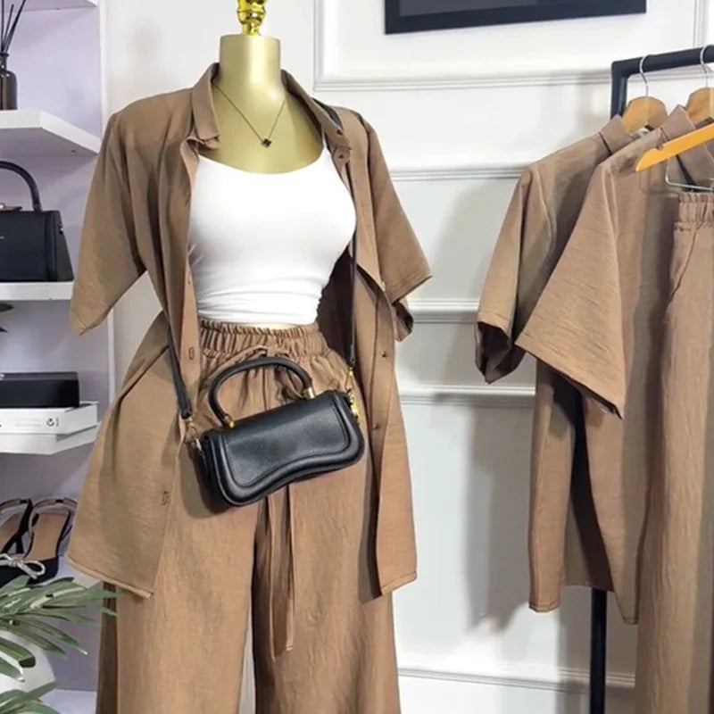 Casual Two Piece Shirt and Wide Leg Pants Set for Women