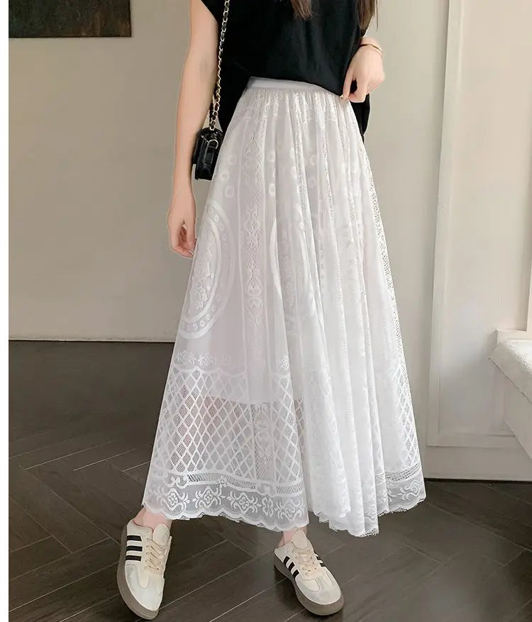 High Waisted Lace A Line Swing Midi Skirt for Women