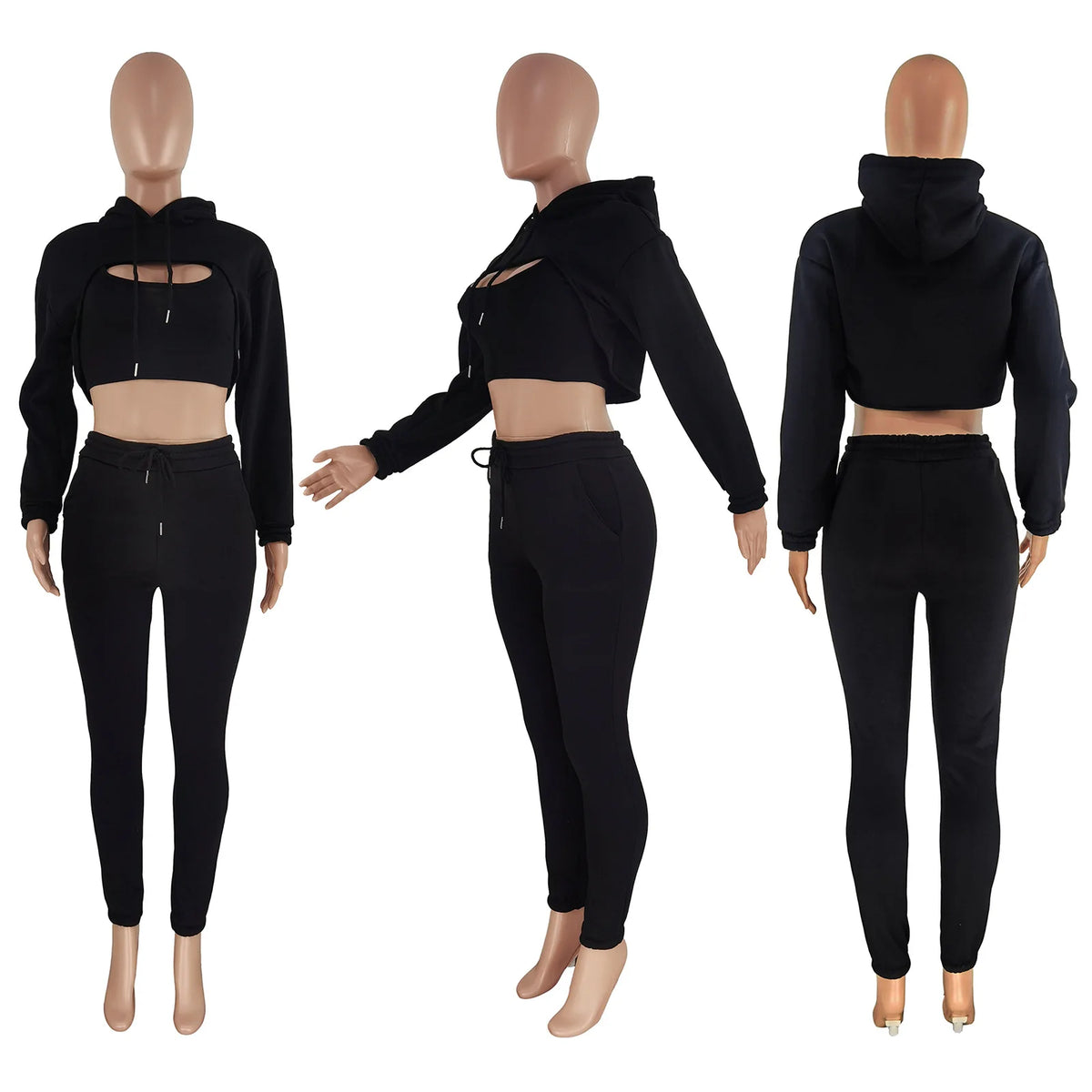 Three-Piece Hooded Sporty Matching Tracksuit Set for Women