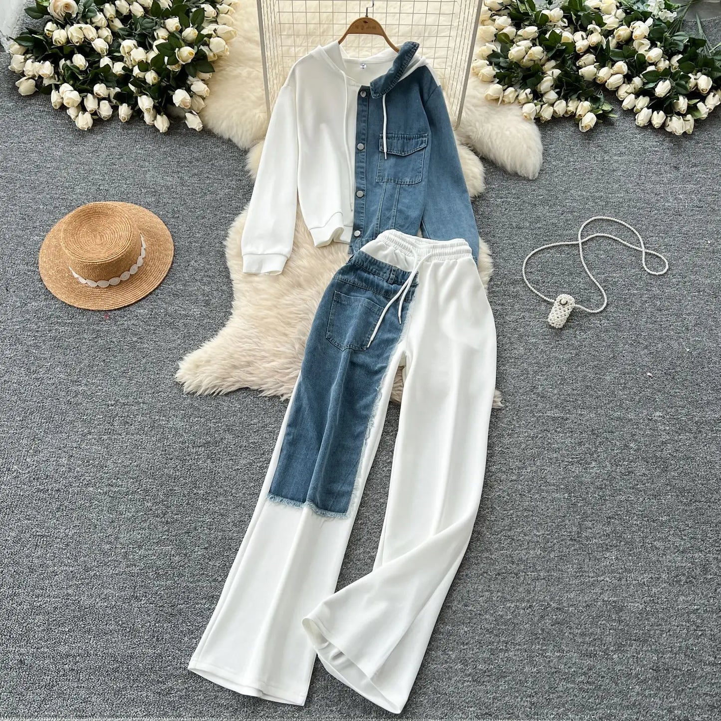 Hooded Top And Wide Leg Denim Pants Set