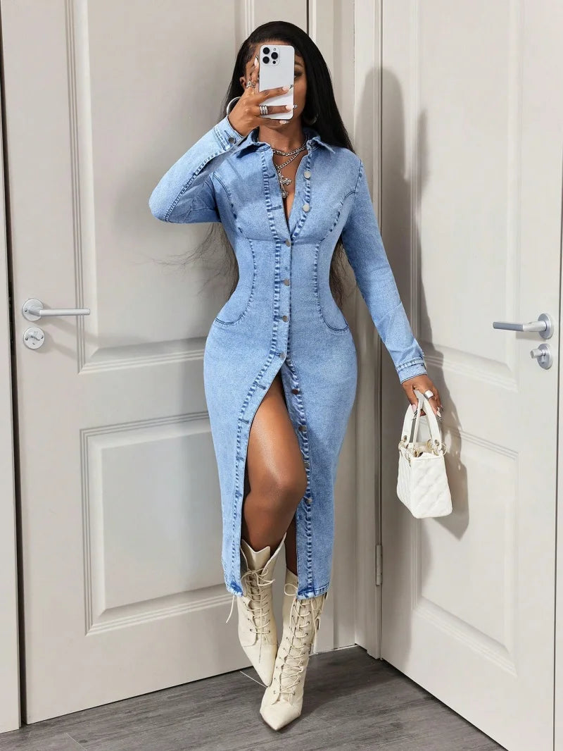 Slim Fit Long Sleeve Button Front Denim Dress for Women