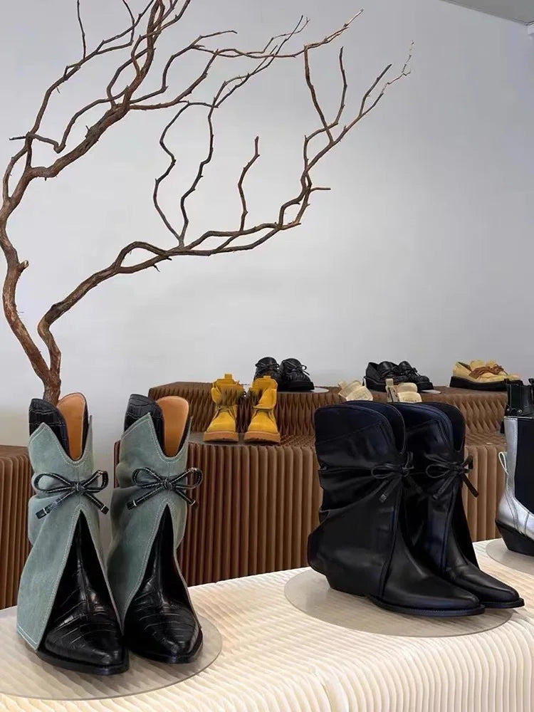Pointed Bowknot Mid Calf Western Cowboy Boots for Women