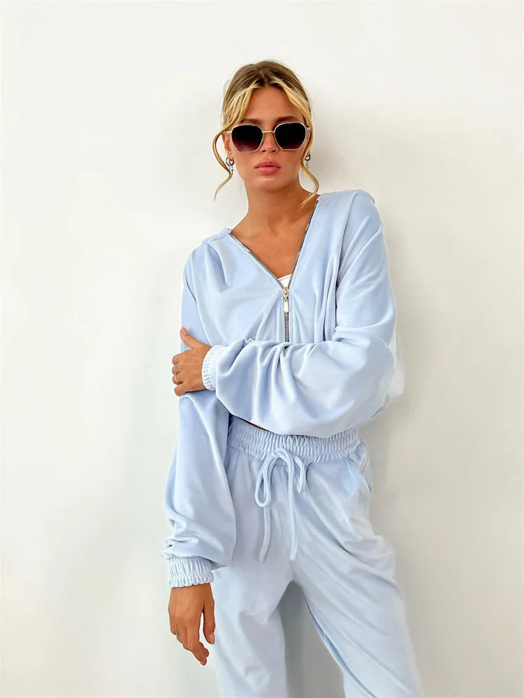 Hooded Zipper Hoodie and Trouser Tracksuit Set for Women