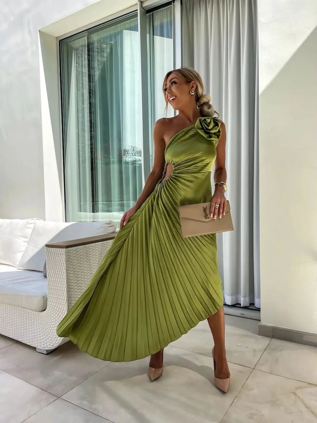 One Shoulder Flower Decor Pleated Elegant Dress for Women