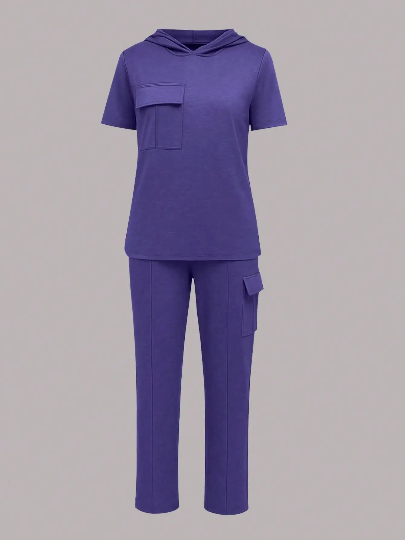 Summer Women's Suit New Style Casual Comfortable Solid Color Hooded Short-Sleeve Top with Versatile Elastic Waist Pocket Straight-Leg Pants Women's Two-Piece Set