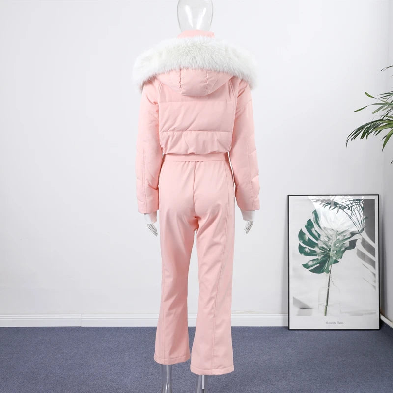 High Waist Full Zip Hooded Windproof Ski Jumpsuit For Women