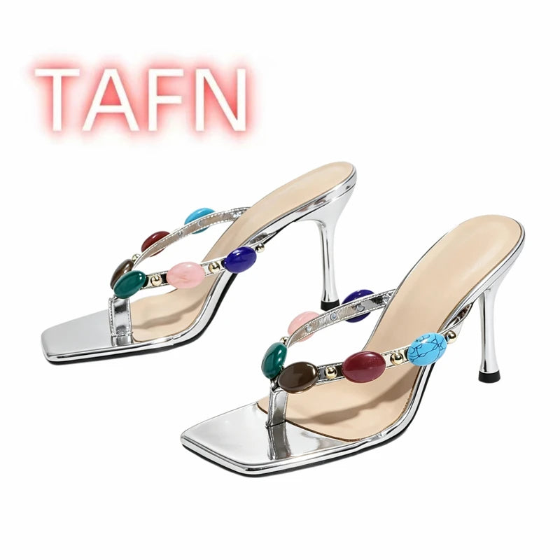 Gold Patent Beaded Square Toe Thong Mules for Women