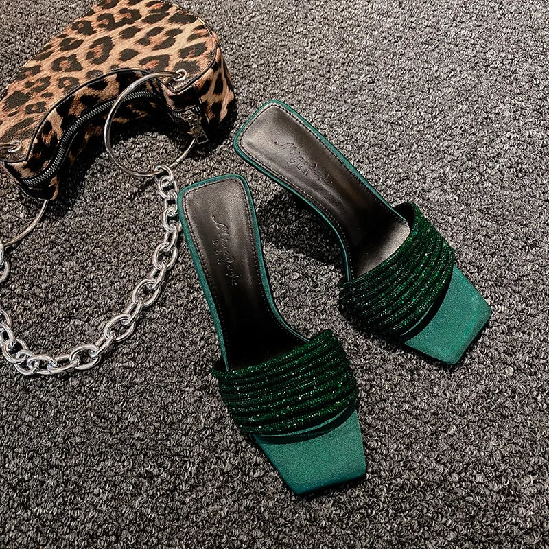 Dark Green Satin Rhinestone Square Toe Slide Sandals for Women