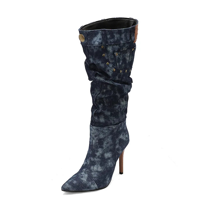 Fashion Knee High Pointed Pleated Denim Boots With Stiletto Heels For Women