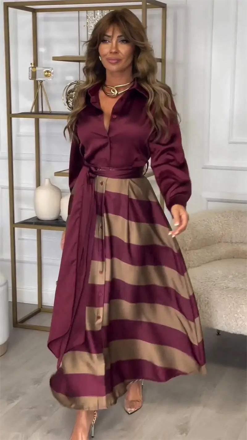 Women's Fashion Spring Autumn Satin Long Dress Casual Long Sleeved Lace Up Turn-down Collar Skirts Vintage Pattern Printed Dress