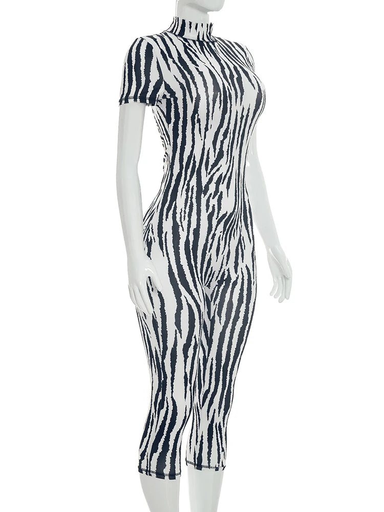 Printed Backless Stretch Turtleneck Romper for Women