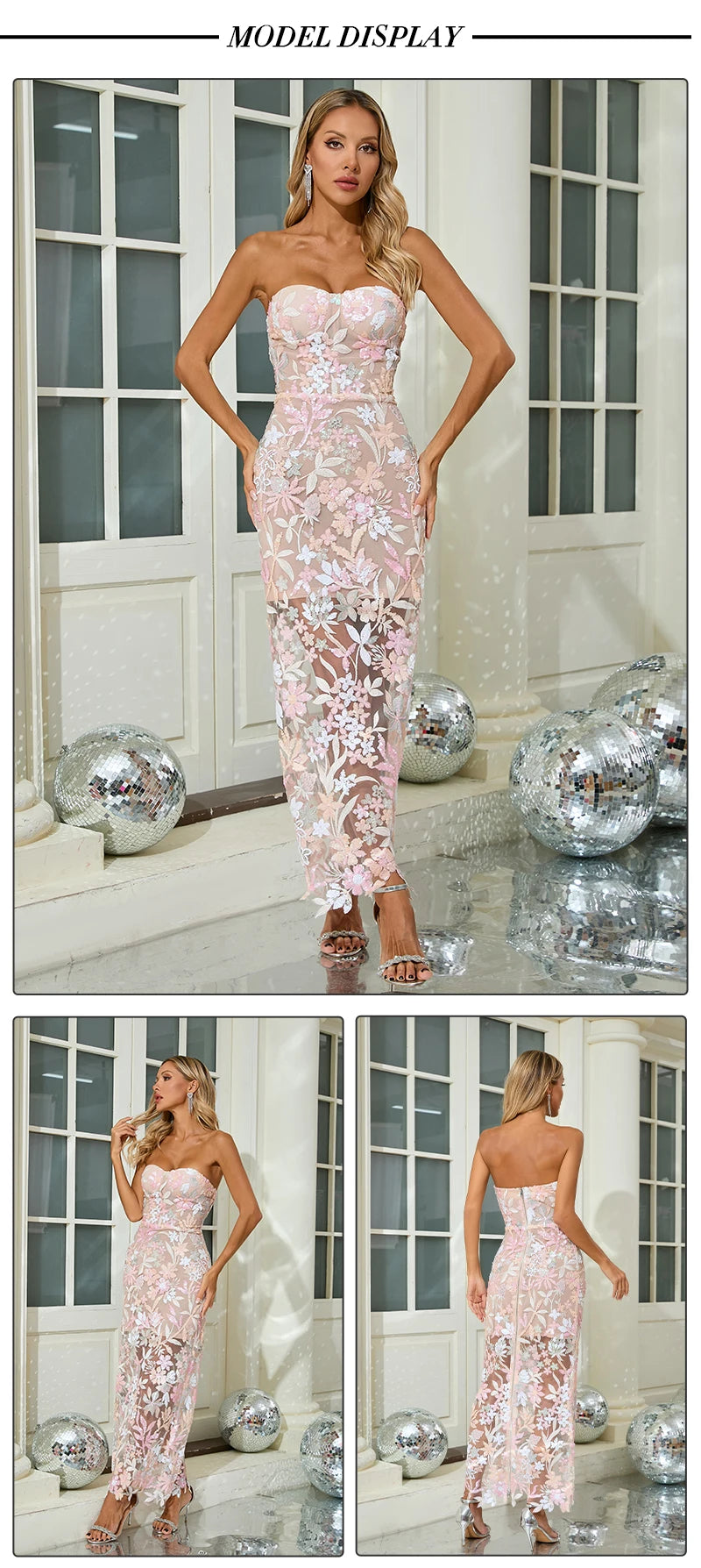 Floral Embroidery Sequin Patchwork Mesh Long Backless Dress for Women