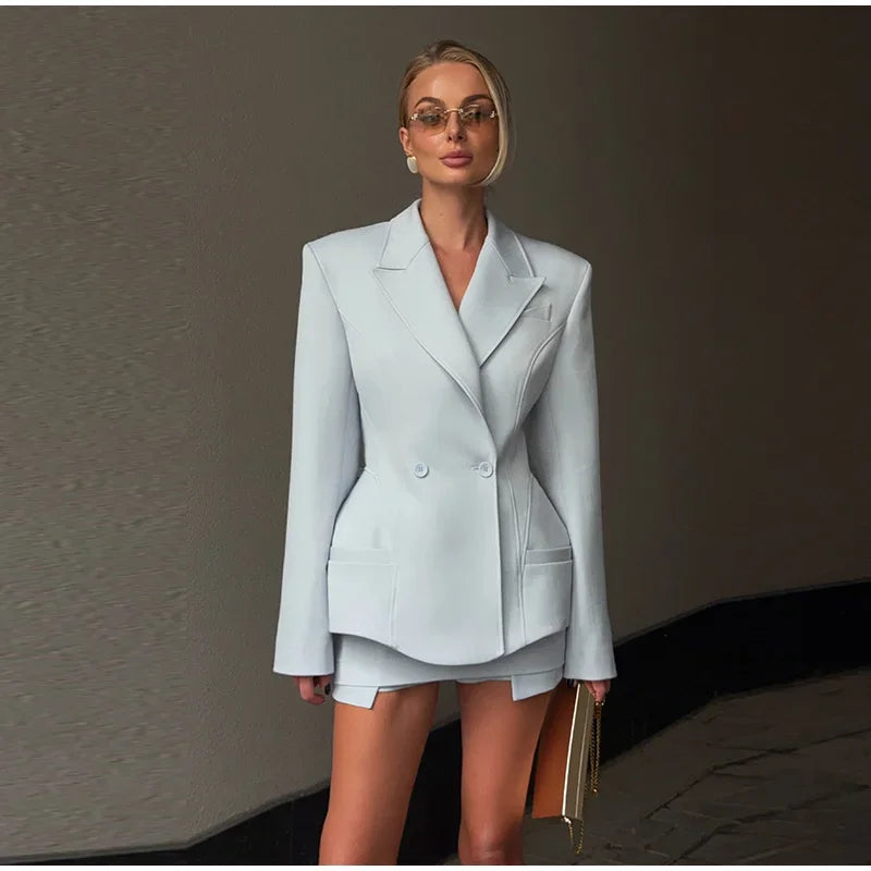 Double-Breasted Blazer and Mini Shorts Set for Women