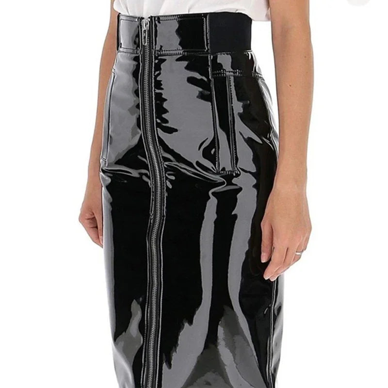 Gothic Glossy Patent Leather High Waist Pencil Skirt For Women