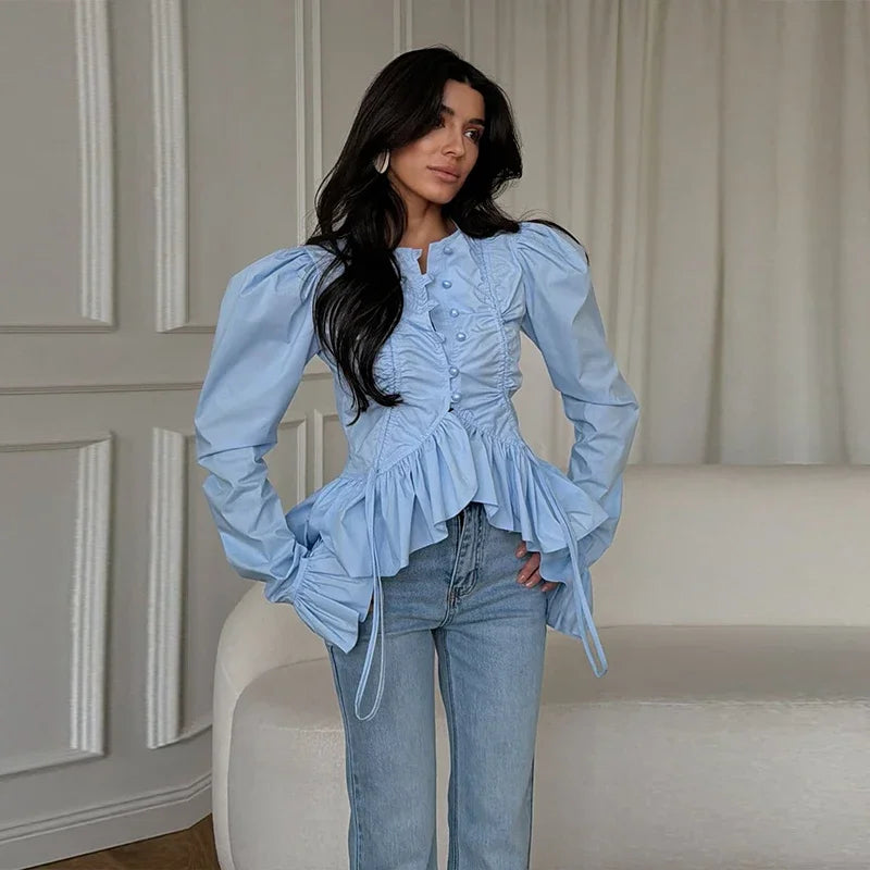 Chic Solid Ruffle Pleated Puff Sleeve Shirt for Women