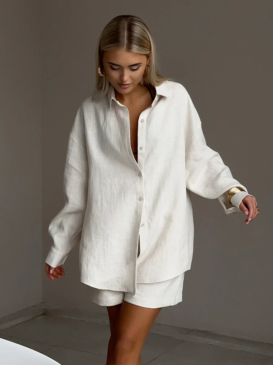 Lightweight White Cotton Summer Two Piece Set for Women