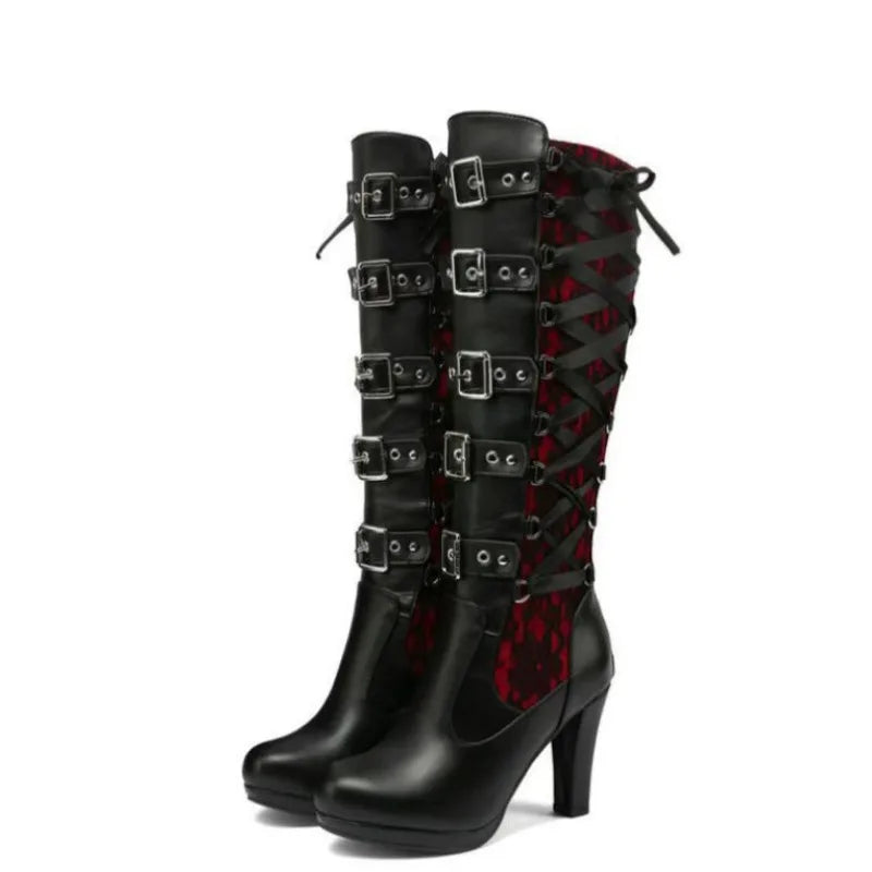 Lace Up Chunky High Heel Mid Calf Boots for Women