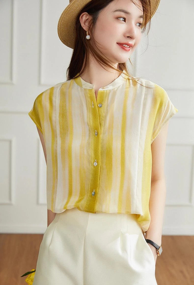 Women's Shirt and Blouse Chiffon Yellow Sleeveless Striped Female Tops Loose Summer Button Up Y2k Fashion Sale of Pretty Xl M