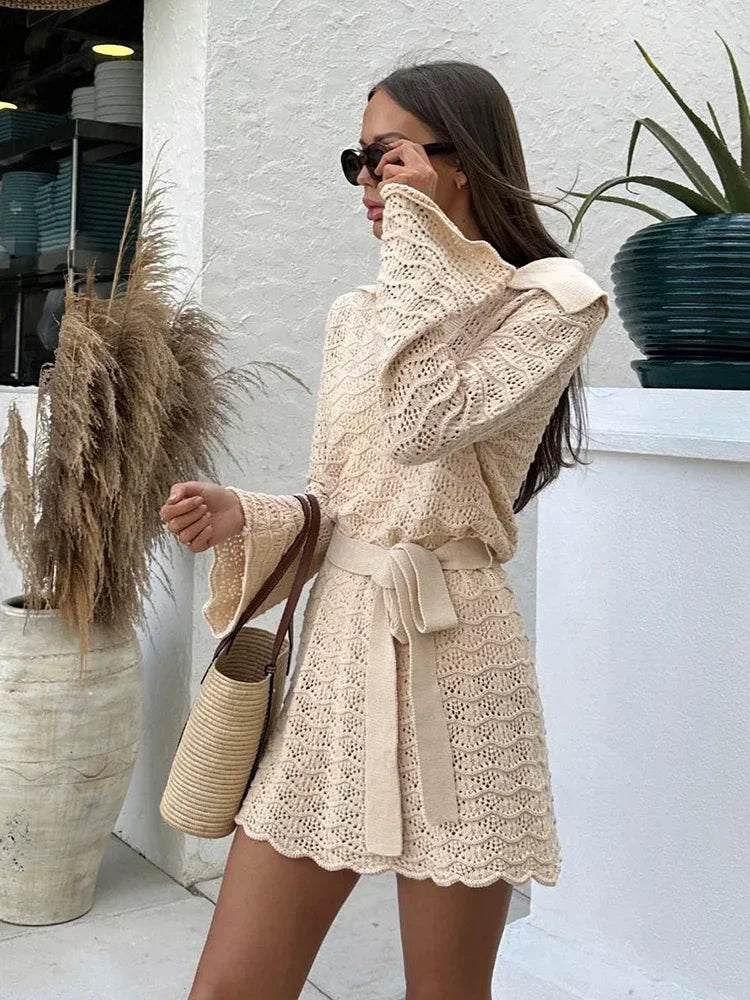 Sexy Shirt V-neck Bell Sleeve Hollow Out Knitted Belted Beach Mini Dress 2025 Summer Swimsuit Cover Up Women's Casual Outfit K16