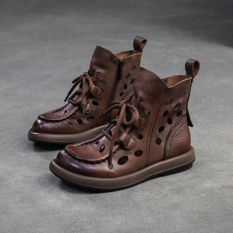 Breathable Hollow-Out Genuine Leather Ankle Boots for Women