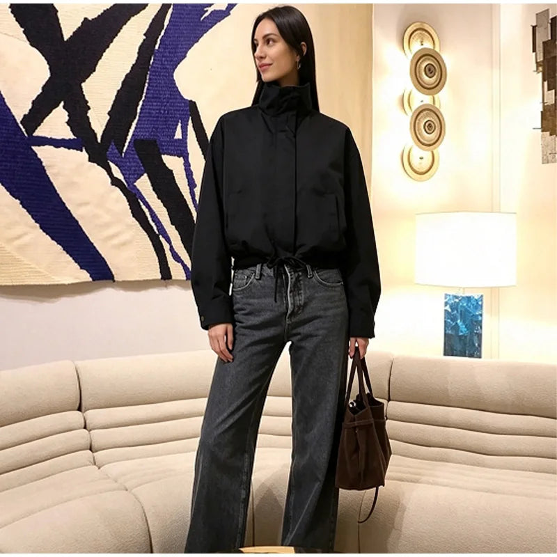 Casual Solid Jacket With Stand Collar And Pockets for Women