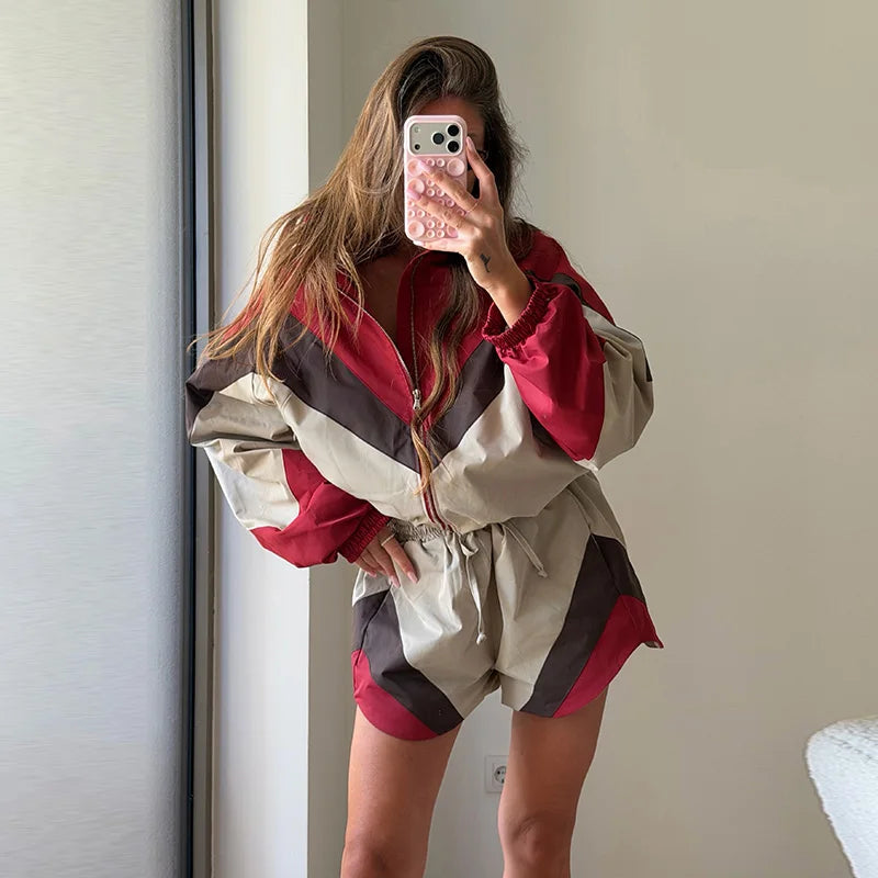 Contrast Color Zip Jacket and Shorts Two Piece Set for Women