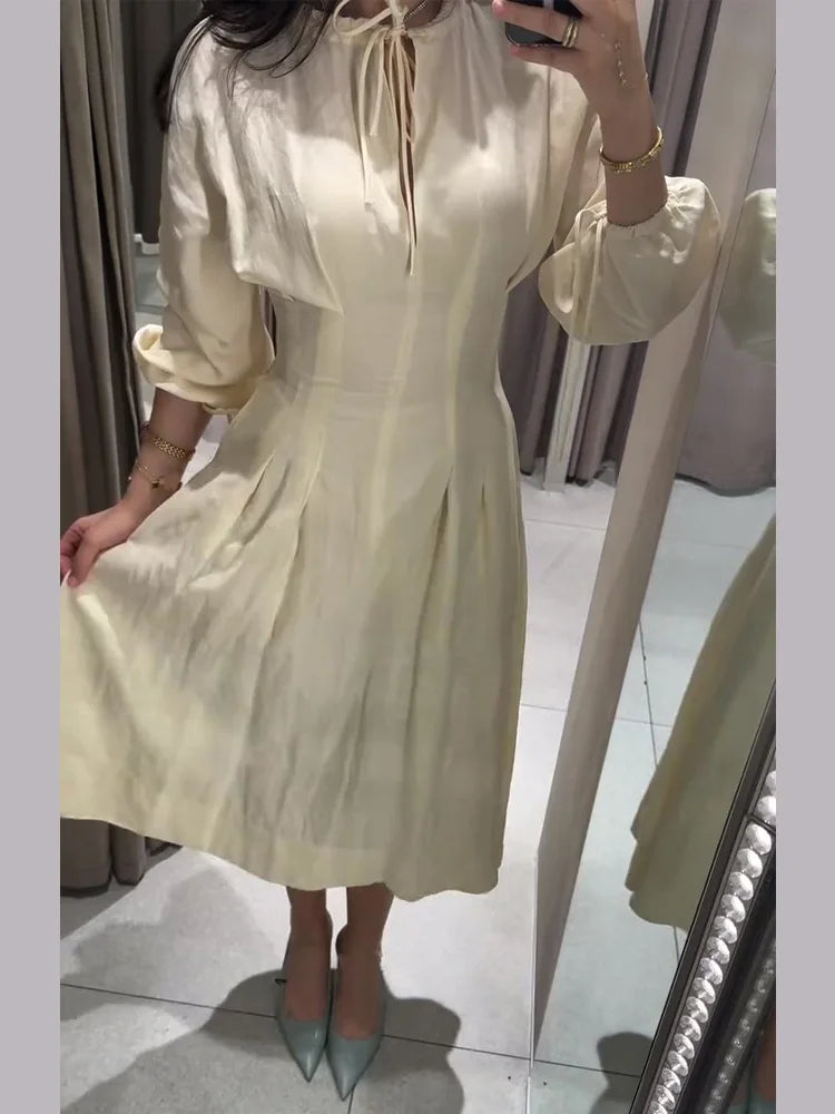 Lace Up Pleated Lantern Sleeve Midi Dress for Women