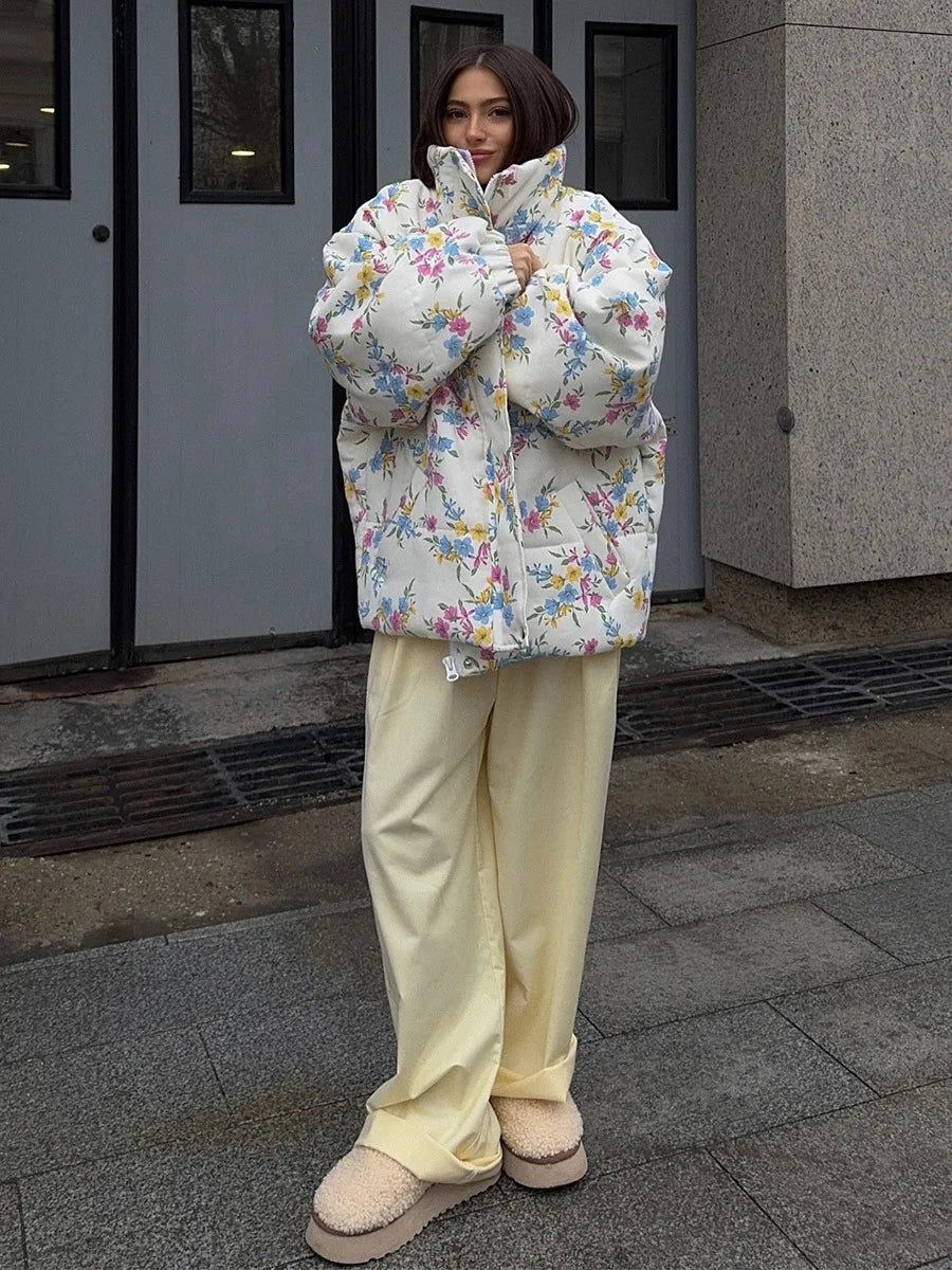 Floral Print Oversized Stand Collar Puffer Jacket For Women