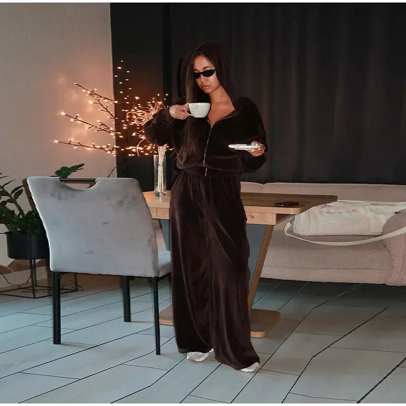 Chic Casual Velvet Hoodie Coat and Pants Set for Women