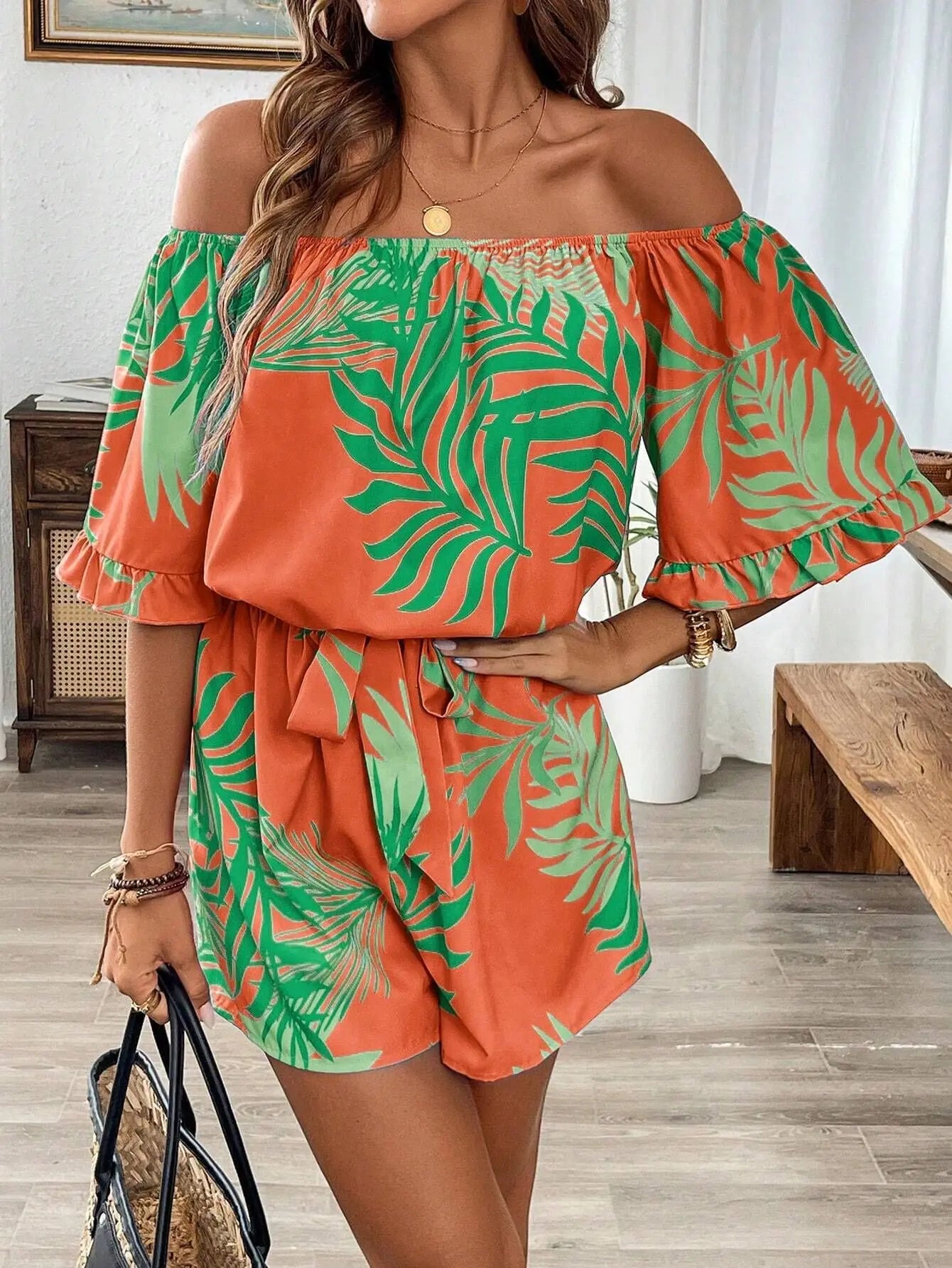 One-Shoulder Printed Short-Sleeve Lace-Up Waist Jumpsuit for Women