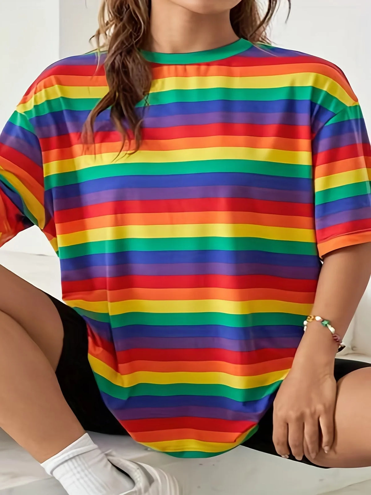 Casual Soft Oversized Rainbow Striped Tshirt For Women