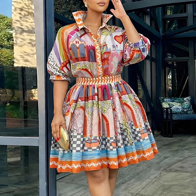 Printed Summer Puff Sleeve Top And Skirt Set for Women