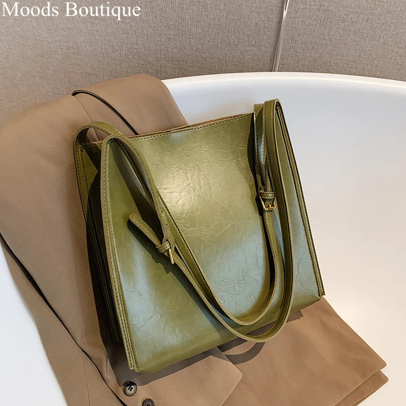 Genuine Shiny Leather Large Capacity Tote Bag for Women