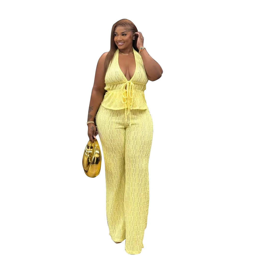 Casual Jacquard Halter Top and Wide Leg Pants Set for Women