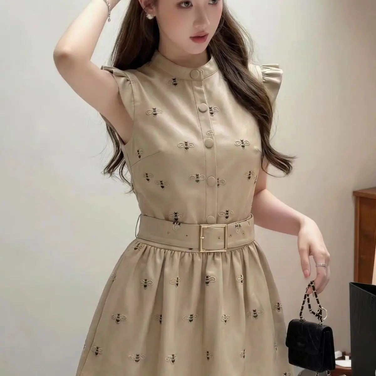 Stand Collar Slim Fit Midi Dress With Sash for Women