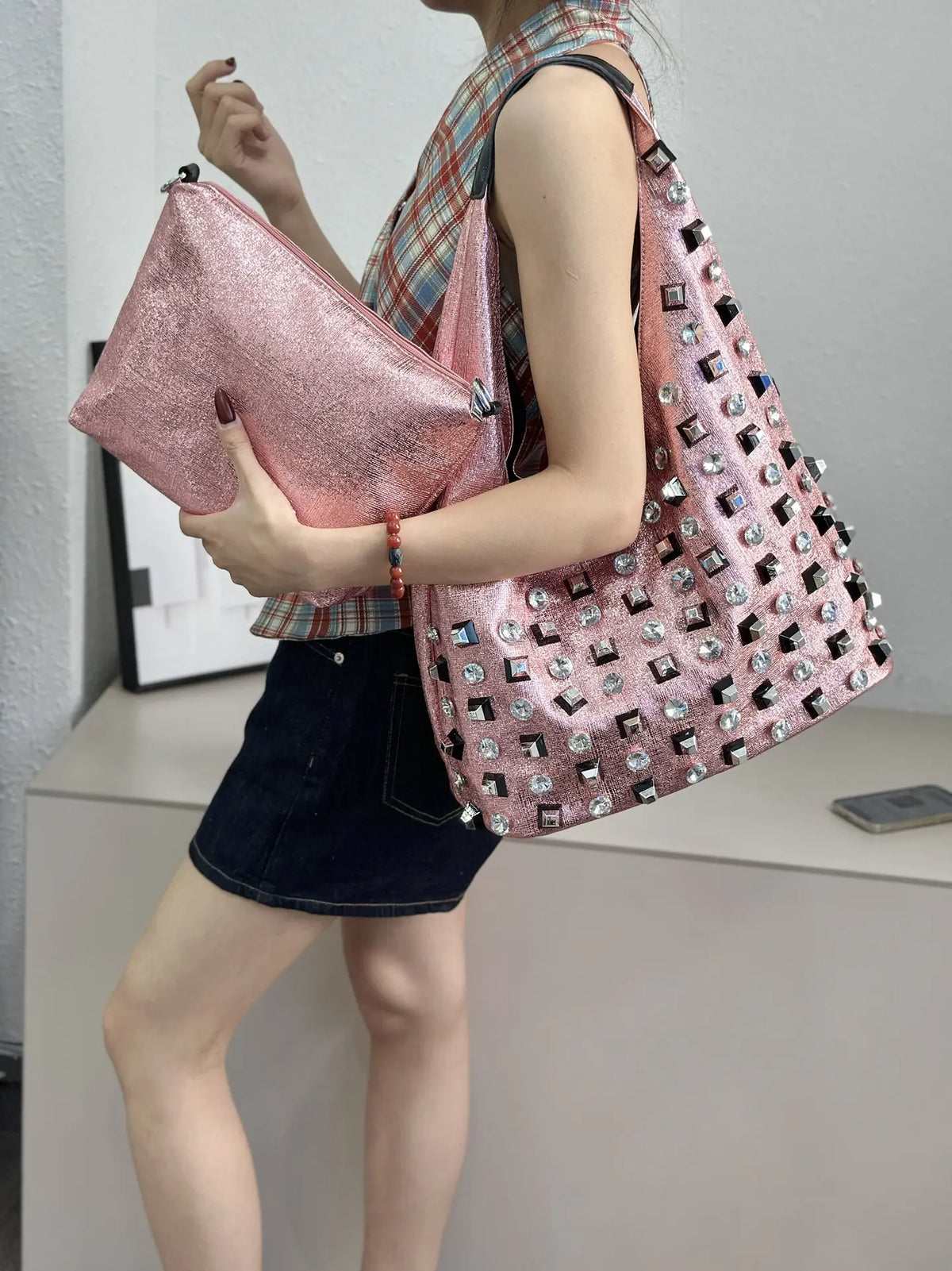 New Women's Diamond Handbag Luxury Brand Fashion Diamond Women's Shoulder Bag Large Capacity Shiny 2-piece Set Women's Bag