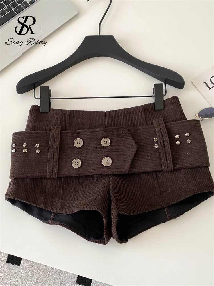 Retro Corduroy Button Detail Low Waist Shorts for Women