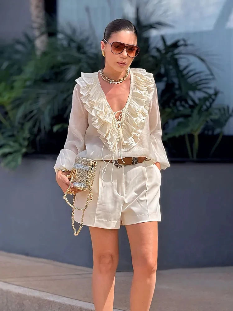 Elegant Retro V Neck Ruffle Trim Long Sleeve Top for Women