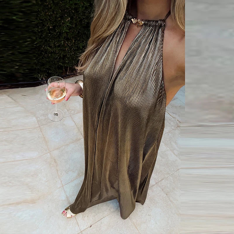 Metallic Halter Hollow Out Pleated Maxi Dress for Women