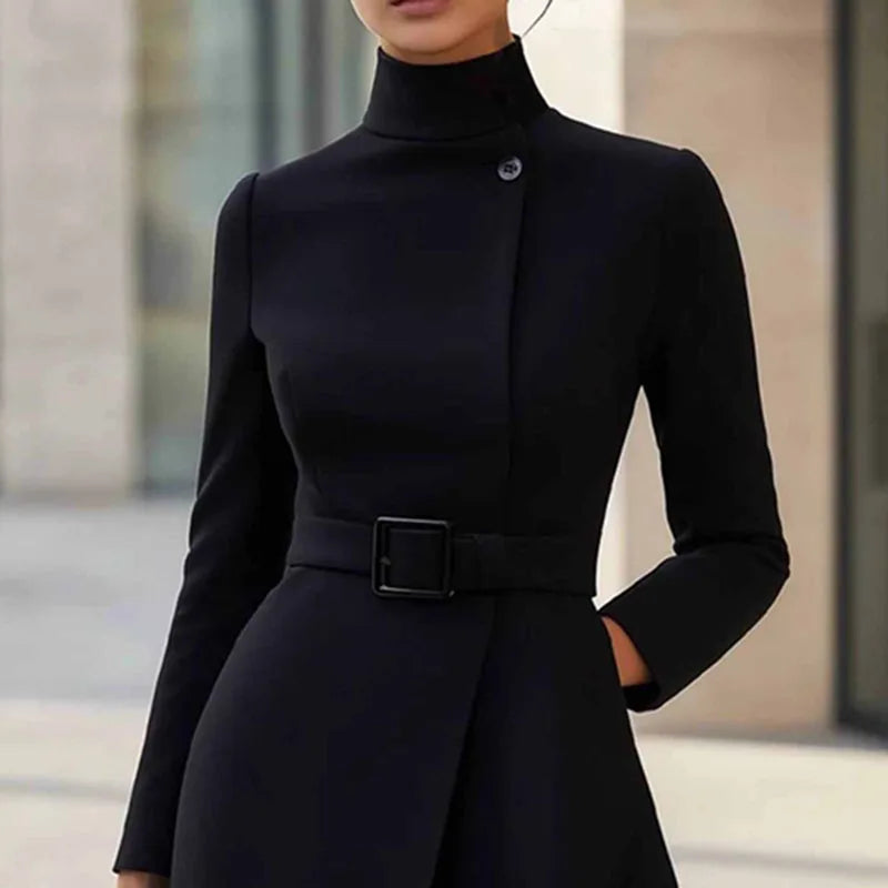 Elegant Turtleneck A-Line Office Dress With Pockets for Women