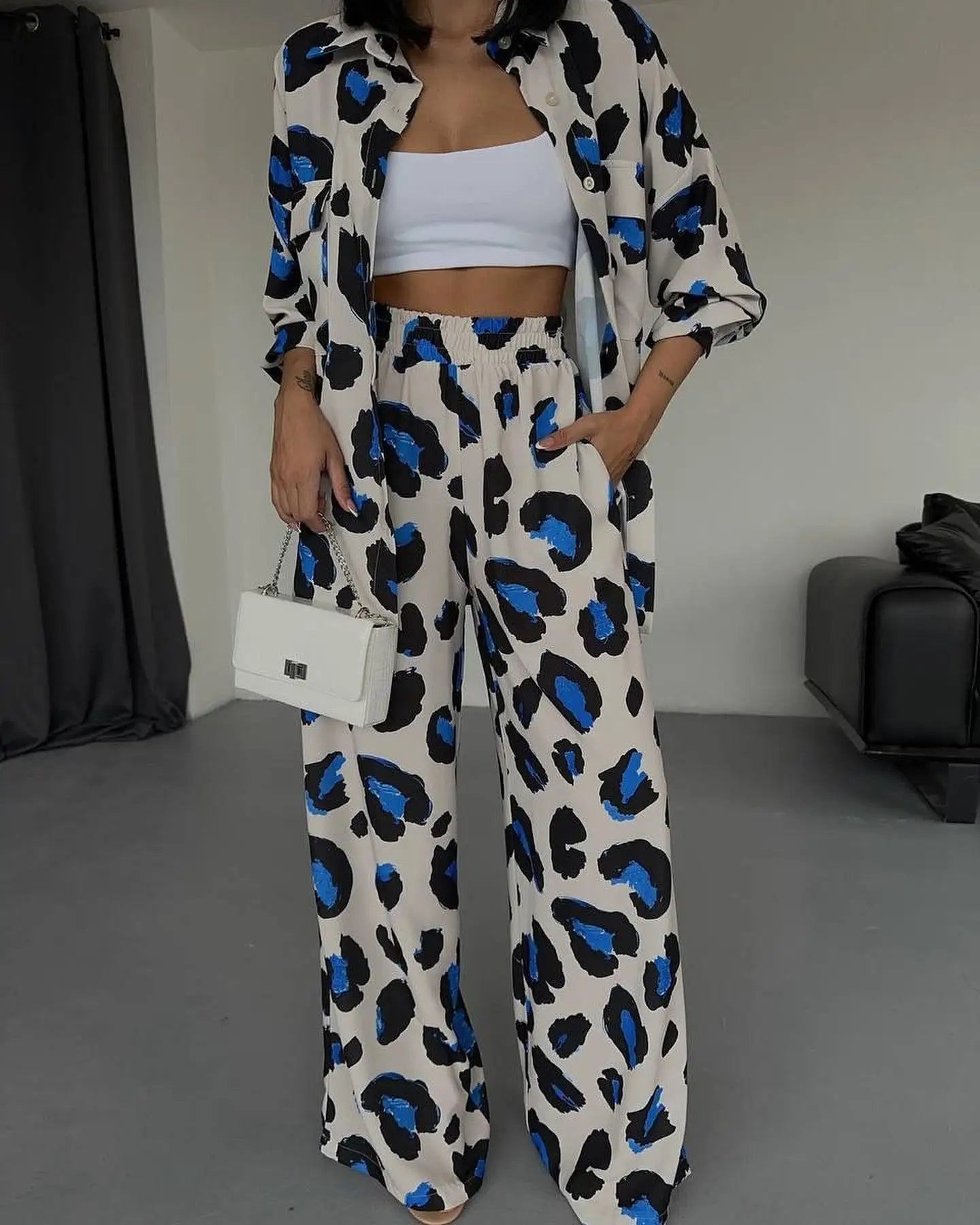 Fashion Leopard Print Women's Two Piece Sets Elegant Casual Button Streetwear Long Sleeve Shirt And Wide Leg Pants 2 Piece Sets