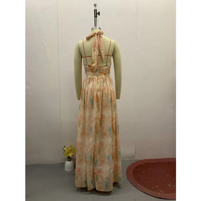 Flower Dress for Women Print Hollow Backless Holiday Fashion Lace Up Sleeveless Pleated Party Dresses New 2025 Summer Long Skirt