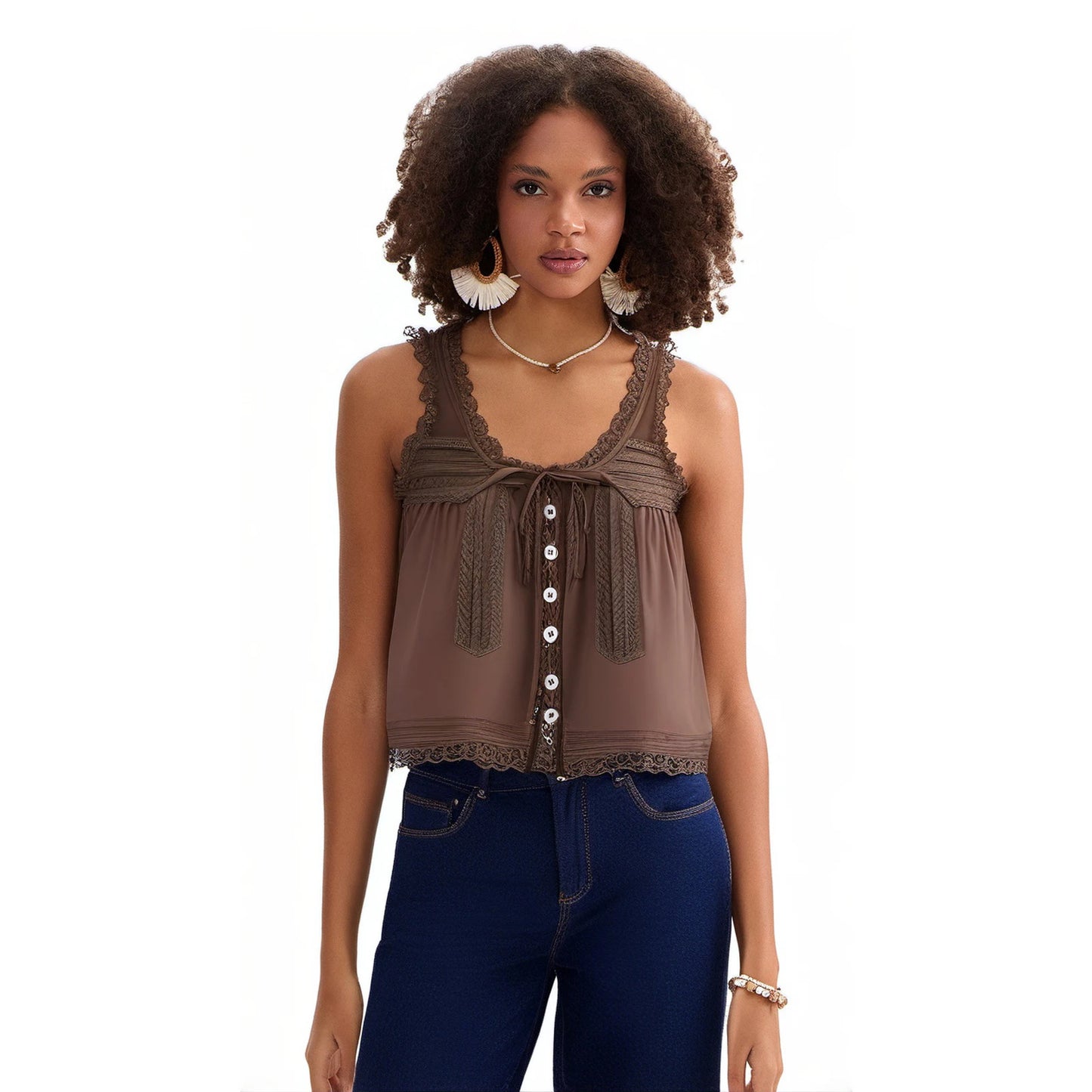 Spaghetti Strap Mesh Flowy Lace Trim Crop Top for Women
