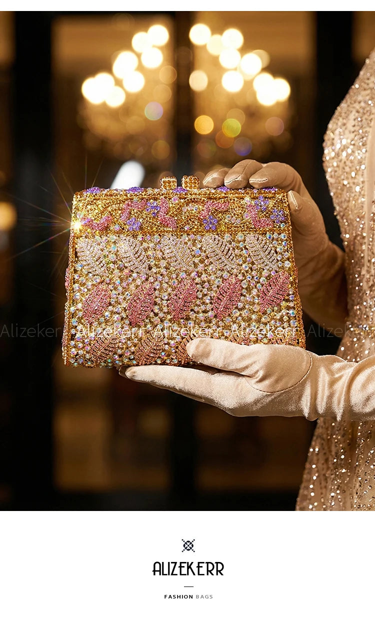 Metallic Leaf Diamond Evening Bag With Rhinestone Accents for Women