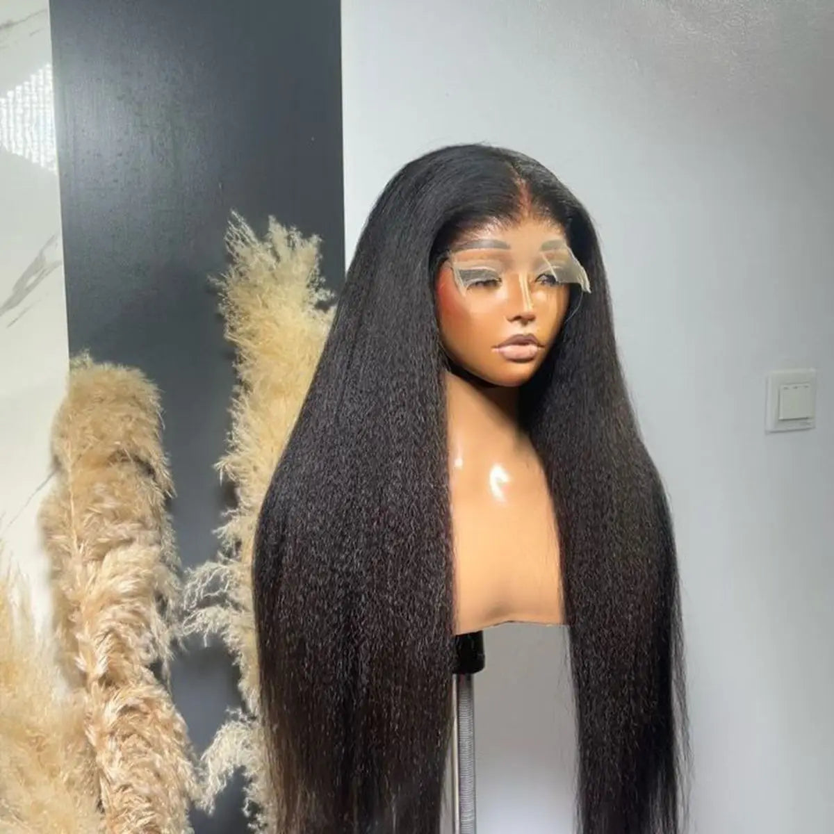 Yaki Kinky Straight Soft Black Color Synthetic 13X4X1 HD Lace Frontal Wig For Women Prepucked With Baby Hair Glueless Wig Party