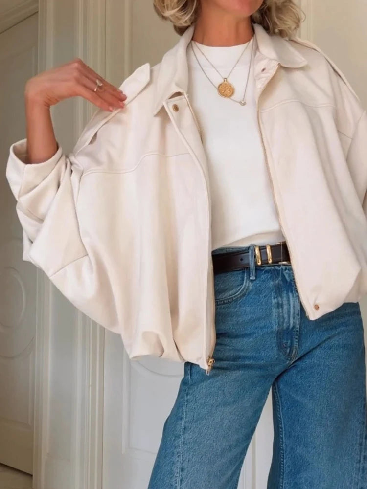Long Batwing Sleeve Patchwork Zipper Jacket for Women
